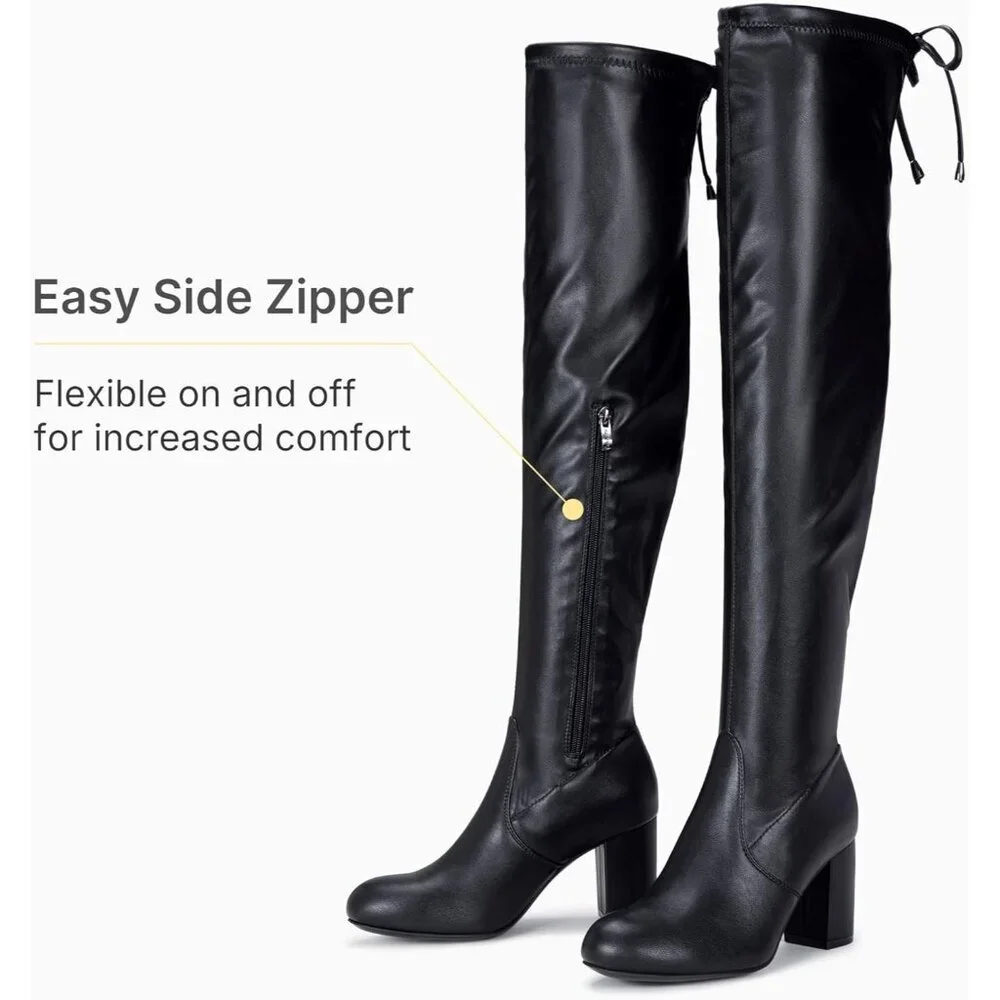 Women's Black Pu Suede Chunky Heels Zipper Over The Knee High Adjustable Boots